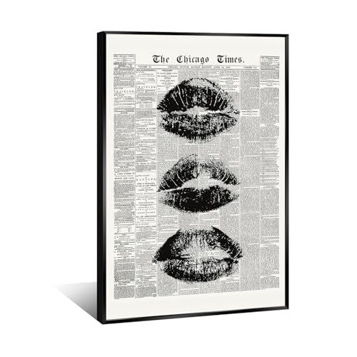 Trendy Newspaper Wall Art Vintage Black And White Kiss Lips