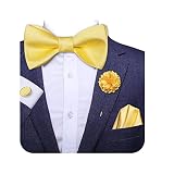 Hi-Tie Gold Yellow Silk Woven Adjustable Bow Tie for Men Self-tied Bowtie and Pocket Square Cufflink