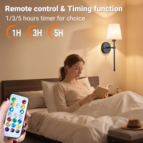 Battery Operated Wall Sconce Set Of Two with Remote Control, Indoor Not Hardwired Dimmable Battery Operated Wall Sconce Light Fixture with Fabric Linen Shade For Bedroom Living Room, Bulb Included ( C by YHCDLAMP - Used condition - Image 6