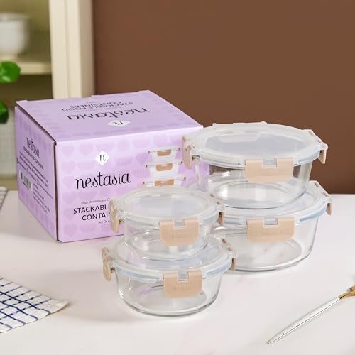 Image of Nestasia Nestro Airtight Glass Containers with Lid Set of 4 (215ml, 400ml, 600ml, 950ml) | Spill Proof Round Glass Containers with Break Free Lock - Microwave, Dishwasher & Freezer Safe (Beige)