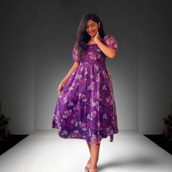 Image of Women's Floral Printed Georgette Standard Regular Fit and Flare Casual Knee Length Western Dress