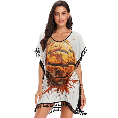 Basketball Brown Art Women's Beach Cover Up Chiffon Tassel Swimwear Swimsuit Coverups for Girl