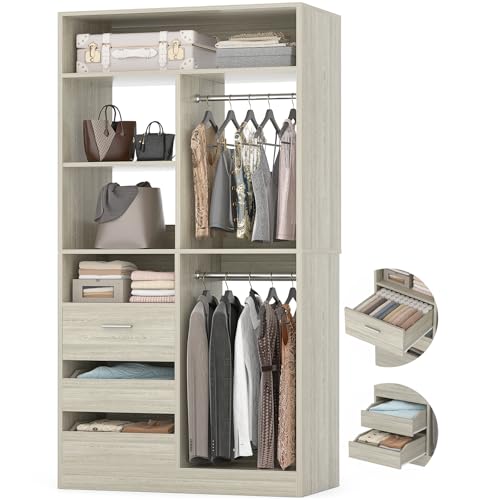 36 Inches Modular Closet Drawers System, 3FT Wood Closet Organiser with Closed & Half-Open Drawers, Walk-in Freestanding Wardrobe Storage Cabinet with 6 Shelves, White Oak (36"L x 15" W x 80" H)