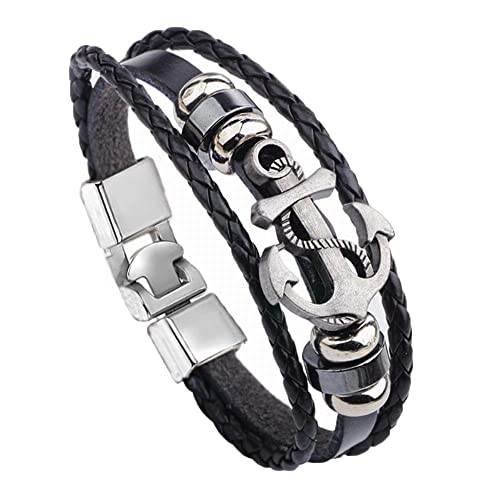 IBOWZ Lederen Armband Heren Armband Charms Handgemaakte Lederen Armband Multilayer Vintage Anker Armband Manchet Wrap Armbanden Touw Polsband Met Gift