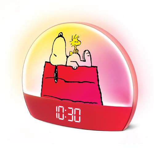 Peanuts Snoopy Sunrise Alarm Clock Vibrant Snoopy Edition with Multicolor Lights USB Charging LED Display Gentle Wake-Up Simulation and Handy Snooze Function Red