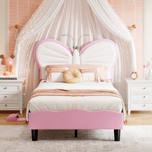 Générique Lit Fille 90x190 cm avec Lampes LED,Lit Enfant Fille avec Tête de Lits réglable en Forme de Papillon et Lattes en Velours,sans Matelas