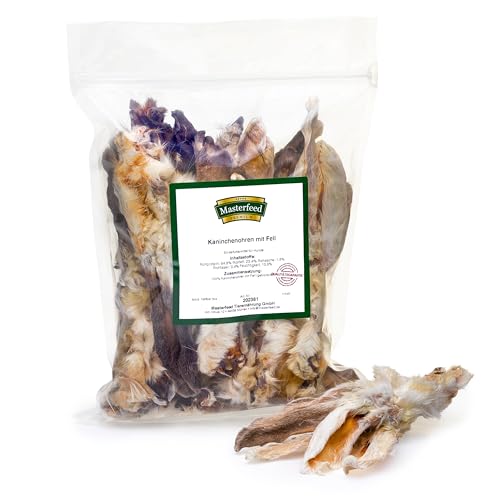 Masterfeed Kaninchenohren mit Fell, Getrocknet, 100% Natürlich, Kauartikel für Hunde, 500 g