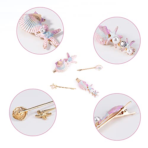 Beshiny 4 Pcs Starfish Seashell Hair Clips Pearl Barrettes Alloy Mermaid Hair Accessories For Women Girls Beach Wedding Supplies, Colorful #TOP2