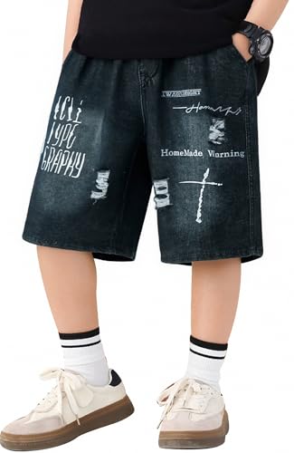 SEAUR Short Jean Enfant Garçon Bermuda Cargo Baggy Été Taille Élastique Denim Pantalon Court Jambes Larges Streetwear Stretch Jeans Noir Déchiré 11-12 Ans