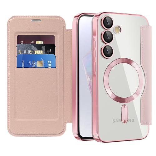 Étui de téléphone magnétique en cuir de luxe rose avec porte-carte élégant pour Galaxy A55 5G