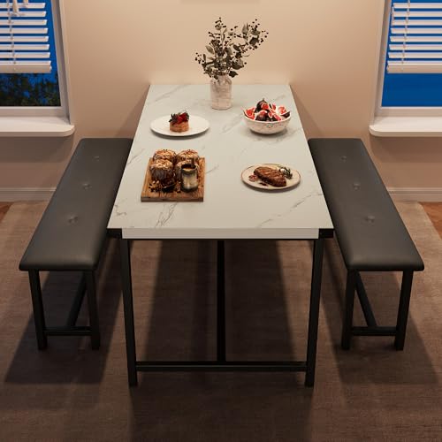GarveeHome Dining Table Set for 4, Kitchen Table with 2 Upholstered Benches, Wood Kitchen Dining Room Set, for Small Space, Apartment, Home, Dinner, Marble White