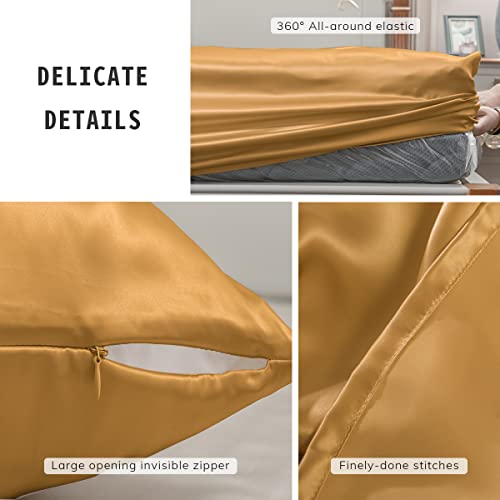 Promeed 23 Momme King Silk Sheets Set, Oeko Certified, Includes Flat Sheet, Fitted Sheet And Pillowcases, 100% Mulberry Silk 4-Piece Silk Bed Sheets King Set (Gold, King) #TOP4