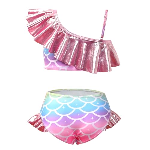 Image of CHILDRENSTAR Girls Metallic Bathing Suits Shiny Ruffles One Shoulder 2 Pieces Swimsuits Cute Bikini Set