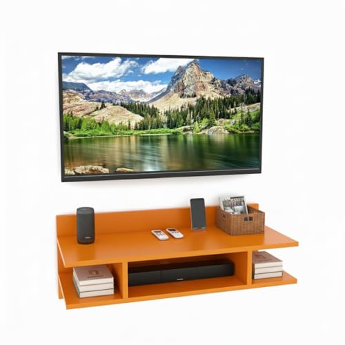 Image of Engineered Wood Set Top Box Stand | Wall Mounted TV Unit Shelf for Router, WiFi, DVD, Gaming Console | Sturdy & Space Saving TV Accessory Organizer (Brown, 50 x 20 x 15 cm) (Orange)