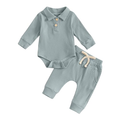 Image of Madioluye Newborn Baby Boy Clothes Infant Fall Winter Outfit Long Sleeve Button Collar Romper and Elastic Waist Pants Set