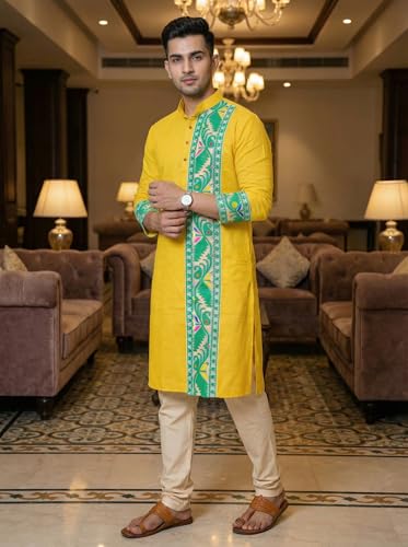 Image of Men's Jamdani Printed Kurta Pajama Set | Pure Cotton Ethnic Kurta with Mandarin Collar & Dupion Silk Pyjama | Festive & Weddings 303A12A 303SB12B(M XXL)