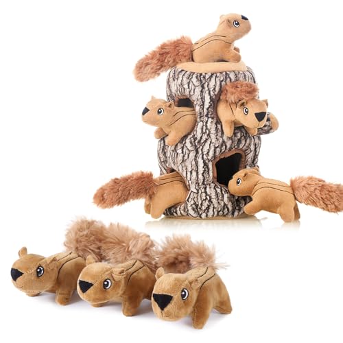 Laifug Hide and Seek Squirrel Plush Dog Toy, Interactive Squeaky Dog Toy Hide and Seek, XL + Three Little Squirrels