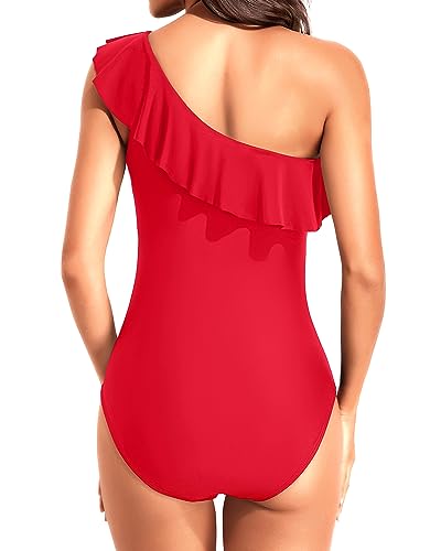 Image of Tempt Me Women One Piece Swimsuits Tummy Control One Shoulder Bathing Suits Ruffle Swimwear