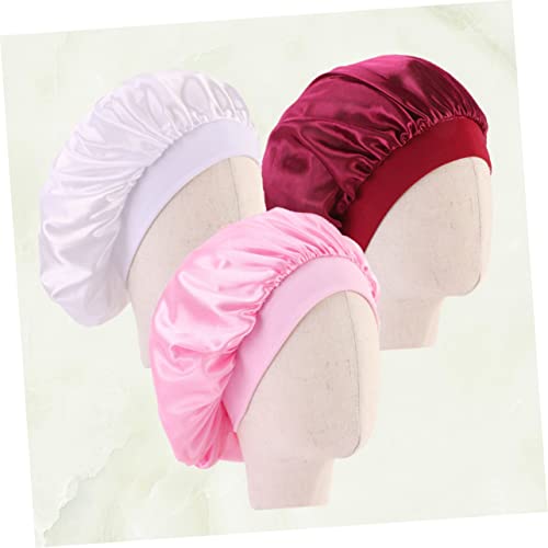 3Pcs Satin Night Sleeping Hat Comfortable Wide Brim Elastic Bonnet for Boys and Breathable Hair Protection Cap White Pink Wine Red3