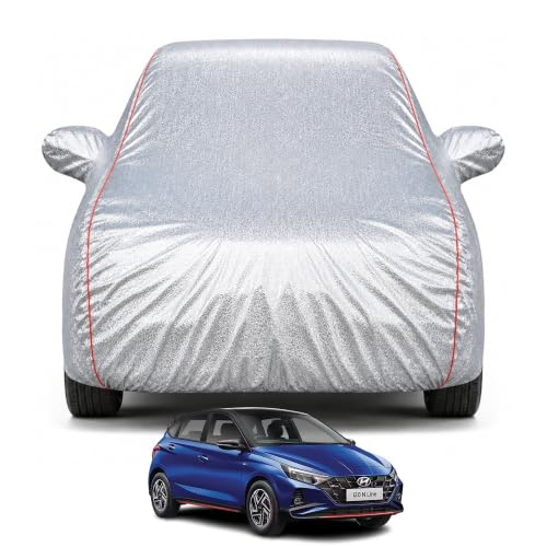 Image of Premium Car Cover for Hyundai's i20 N Line 2021-2026 Models | Waterproof, UV & Dust Protection | Mirror & Antenna Pocket | Triple Stitched, Soft Inner Lining, Belt & Buckle (Metalic Silver)