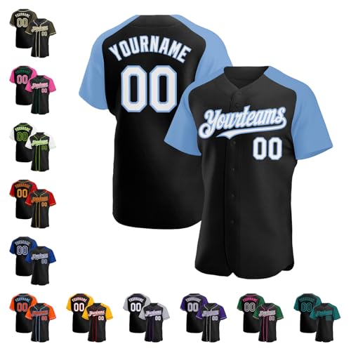 Custom 90s Baseball Jersey Button Down Short Sleeve Baseball Shirts Basic Short Sleeve Personalized Black Light Blue Two Tone Baseball Uniform Stitched Name Number Softball Jersey for Men Women Youth