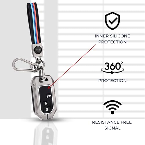 Image of KEYCEPT Metal Keycover for Suzuki Swift, Dzire, Ertiga, Brezza, Fronx, Jimny, Ignis, Rumion, Hyryder, E-Vitara, Victoris 3 Button Smart Key with Keychain (Long Keychain).