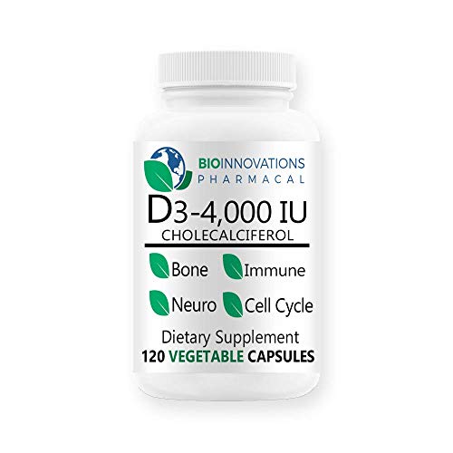 Bio-Innovations Pharmacal Vitamin D3-4000 IU (Cholecalciferol) Hypoallergenic Support for Muscles, Bones & Teeth, Breast, Prostate, Cardiovascular, Colon and Immune Health - 120 Vegetable Capsules