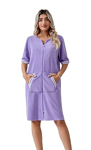 Richie House RH Housecoat Women Zipper Front Duster Robe 3/4 Lounger Housedress Pocket Nightgown S-3XL RHW4008-B-XXL Purple
