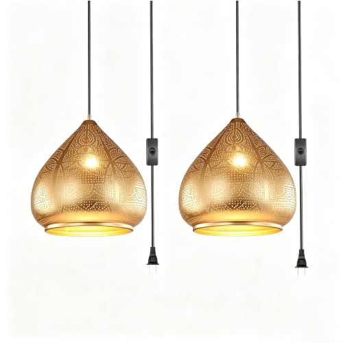 Image of 2-Pack Gold Pendant Light Moroccan Hanging Ceiling Lamp Plug in