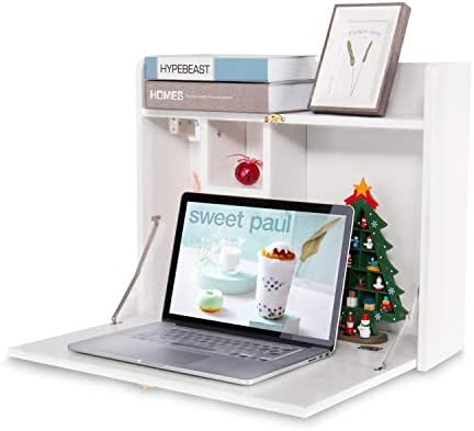 YU YUSING Wall Mounted Table, Multifunctional Fold Down Wall Mounted Laptop Computer Desk with Storage Compartments for Home, Office, White
