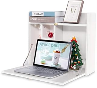 YU YUSING Wall Mounted Table, Multifunctional Fold Down Wall Mounted Laptop Computer Desk with Storage Compartments for Home, Office, White