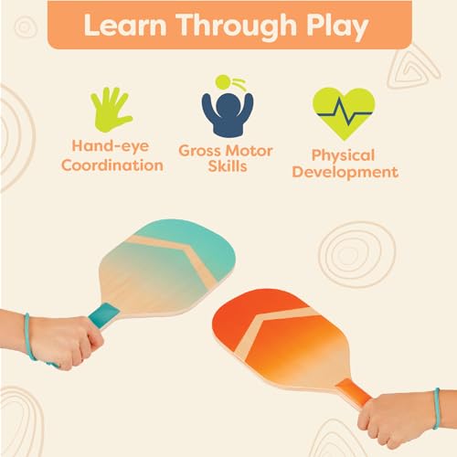 Image of B. toys Kids Pickleball Game, Wooden Paddle Set with Storage Bag, Activity | Includes 2 wooden paddles, 4 pickleballs in blue and orange, and 1 drawstring bag for active outdoor play, Activity, 3+ Years