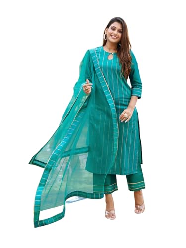 Sanisa Women's Taffeta Foil Printed Straight Kurta With Pant And Lace Work Dupatta (103Kbd1125Nz-S_Rama Green (Dual Tone))