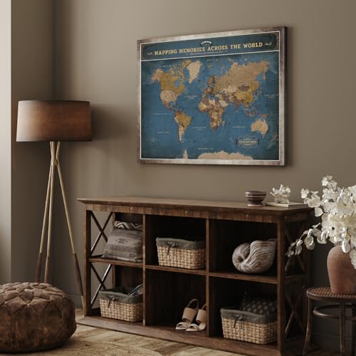 Image of DECORARTS - World Travel Map with Pins, Pin Board Canvas Wall Art, Modern Navy Blue Maps for Wall Decor, Giclee Print on Canvas, Handcrafted in USA, 30x24''