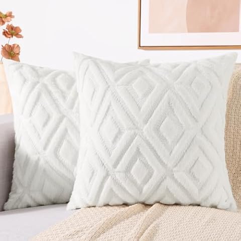 decorUhome Spring Couch Throw Pillow Covers 18x18 Set of 2, Decorative Soft Plush Faux Wool Pillow Covers for Bed Sofa Living Room, Cream White Cover