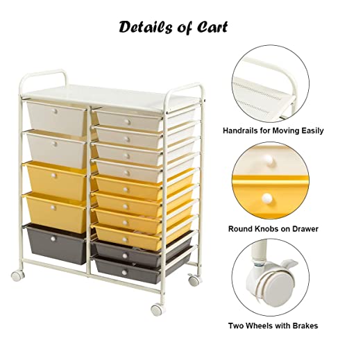 Image of LDAILY 15 Drawer Rolling Storage Cart, Rolling Cart with Drawers for Classroom, Art Supply Craft Organizer on Wheel with Metal Frame & Handles for Home Office School