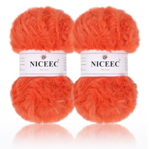 Image of NICEEC 2 Skeins Soft Faux Fur Yarn 70yds,3.53oz- S46#Tangerine | Crochet & Knit, DIY Project Starter Kit,Handbag,Sun Hat,Shoes, Shopper Bag
