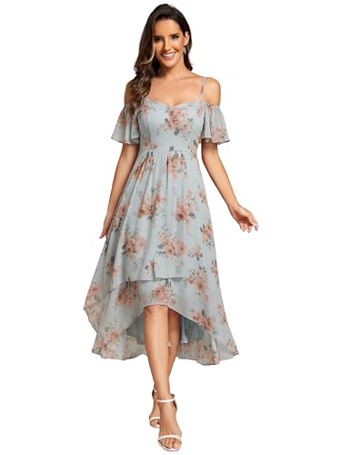Image of Ever-Pretty Women's Summer Cold Shoulder Hi-Lo Asymmetrical Hem Flowy Chiffon Short Wedding Guest Dress 02103