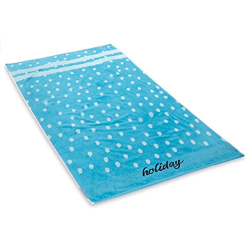 DecoKing Grande serviette de plage en coton, 90 x 180 cm, un côté éponge, un côté velours, drap de bain bleu clair à pois blancs, Holiday Blue (motif vacances)