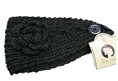 Alirina Women's Knitted Flower Buttoned Headband (Black)
