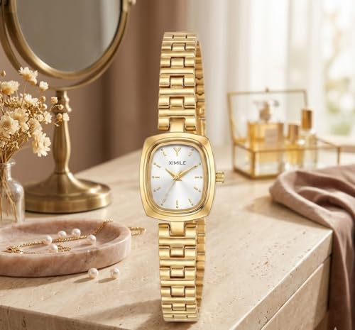 Image of AH Trendy Watches for Women | Anti Tarnish Gold Plated Stainless Steel Rectangular Small Dial Watch | Water Resistant Analog Wrist Watch for Women & Girls | Gift for Valentine, Birthday & Anniversary