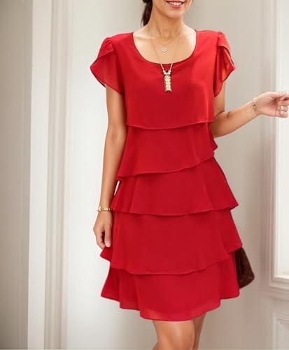 Akivide Women's Elegant Chiffon Dresses Ruffle Tiered Layered Crewneck Flutter Sleeve Cocktail Party Flowy Midi Dress2