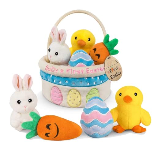 Baby's First Easter Basket Stuffers Playset, 5ct Stuffed Plush Bunny Chick Carrot Egg for Babies Girls Boys Kids Infant Toddler, Personalized Easter Decorations Gifts Party Supplies by Bunny Chorus - Used condition - US$19.95