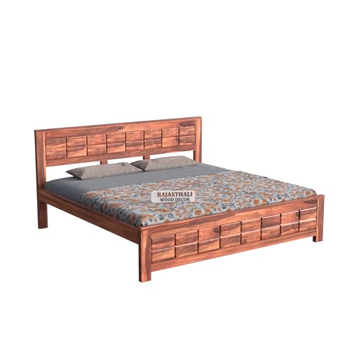 Image of Urban Block Panel Sheesham Wood King Size Bed Without Storage (81x74 Inch) | Wooden Double Bed Cot for Bedroom Furniture | Modern Palang Design | Honey Finish