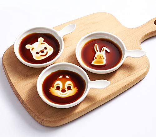 Super Cute Cartoon Ceramic Sauce Dishes Set, Mini Dipping Condiment Dish, Sushi Soy Seasoning Plates, Round Bowl Serving Dish for Kitchen Home, Bear Rabbit Squirrel Assorted (Set of 3)