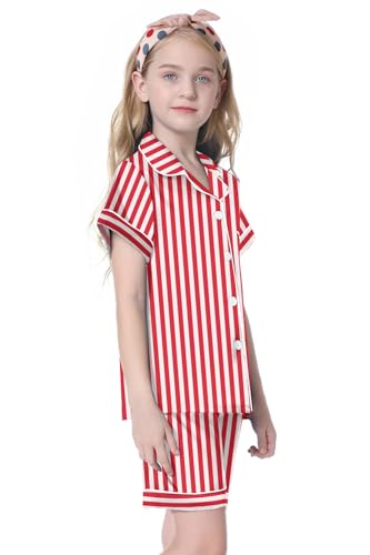 Image of Umeyda Women & Girls Pajamas Set, 2 Piece PJS Satin Silk Sleepwear Button-Down Top with Shorts for Mom Kids Gifts