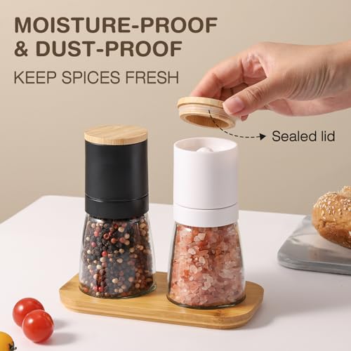 Vucchini Salt And Black Pepper Grinder Set - Bamboo Lid And Wood Stand Refillable Sea Salt Grinder Shaker Mills thumb #3