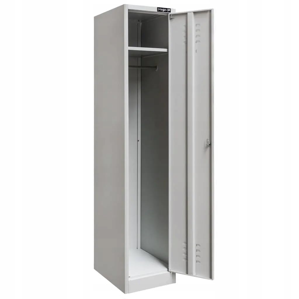 MEGA-M Szafka BHP ubraniowa pracownicza 1-drzwiowa | metalowa szafa z półką, drążkiem, haczykami, wentylacją i zamkiem, 36 × 50 × 180 cm, szara Bullet Points
