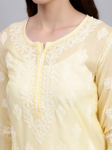 Image of Seva Chikan Hand Embroidered Lucknowi Chikankari Terivoil Cotton Regular Fit Straight Kurta for Women SCL4351