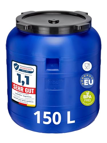 Garronda 150 litros Barril de Boca Ancha BPA-Libre, Universal para Alimentos, Barril de Agua de Lluvia con Tapa, Barril para Jardines GD-0093, Azul